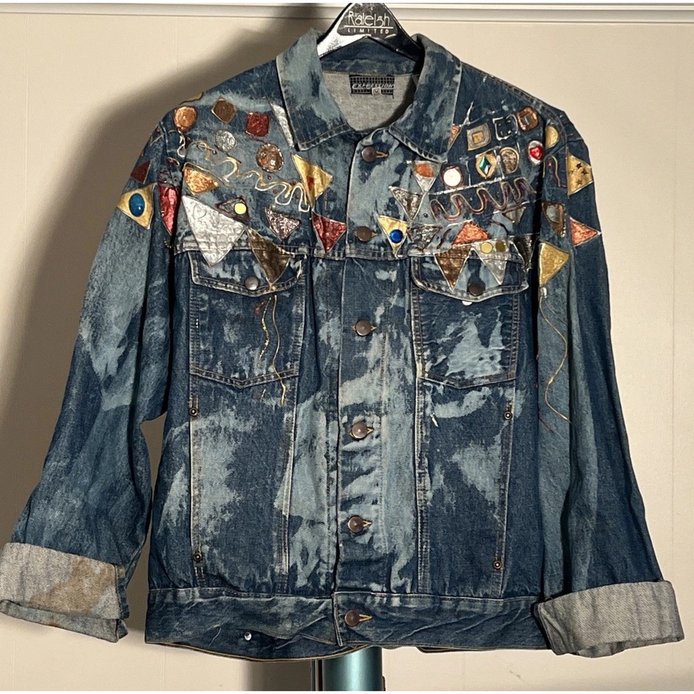 Vintage Handmade Denim Jacket Women's Multicolor Patches Hippie Grunge Retro